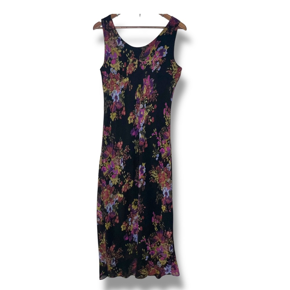Vintage Black Floral Slip Dress Maxi 14 Y2K 90s Fairy Grunge Whimsigoth Phoebe‎